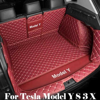 Постелки за Багажник на Кола Кожени, С Пълно Покритие, Защитни, Напълно Заобиколени, Водоустойчив, Черен, Червен, за Tesla Model Y S X 3 от 2016 до 2023 2021