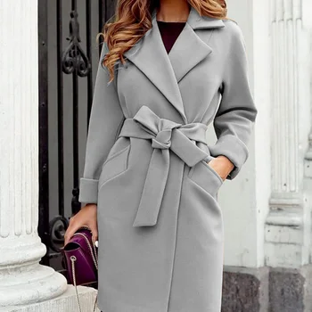 Пролетта елегантна покривка дълго палто с ревера, ново ретро однотонное модно топло приталенное палто кралица с колан, дамски зимни палта и якета