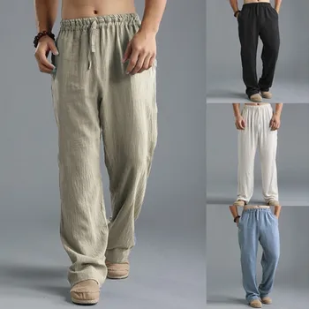 Реколта ленени панталони за мъже, летни преки свободни панталони-тръбички, панталони в пода, ежедневни панталони от памук и лен