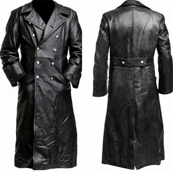 Реколта яке от изкуствена кожа, мъжки зимни копчета, с високо качество, дълъг тренч, мъжки бизнес горна дреха, модно офицерское палто премиум-клас, черен