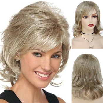 Синтетичен стилен кратък светла перука GNIMEGIL за жени, натурални къдрава коса, ежедневното използване, приятен на вид, cosplay, Хелоуин, огнеупорни