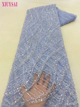 Синя лейси плат от френски тюл 5 ярда 2023, благородна нигерийская сватбена луксозна лейси плат с мъниста и пайети, бродерия в африканския стил