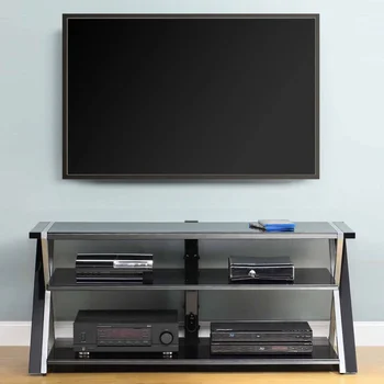 Черна поставка за телевизор за 60-инчови плазмени телевизори с плосък екран с рафтове от закалено стъкло, 20,00x54,00x23,00 инча