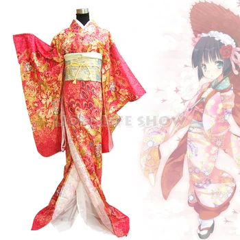 Японското традиционно женско кимоно на гейша с червен цветен модел, подходящи за cosplay